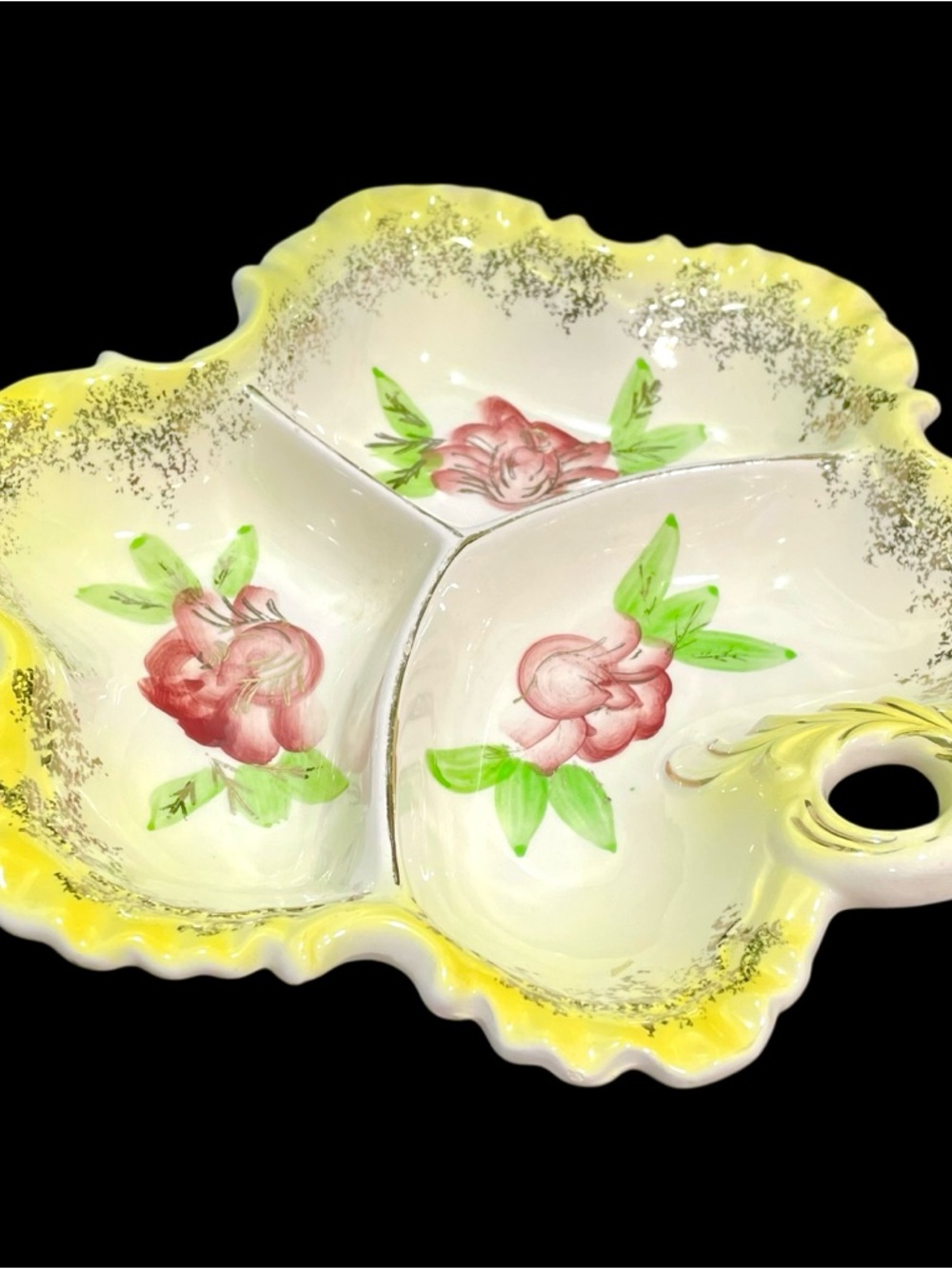 Vintage 1950s Ceramic Divided Dish Made in Japan - Hand Painted Roses Pattern